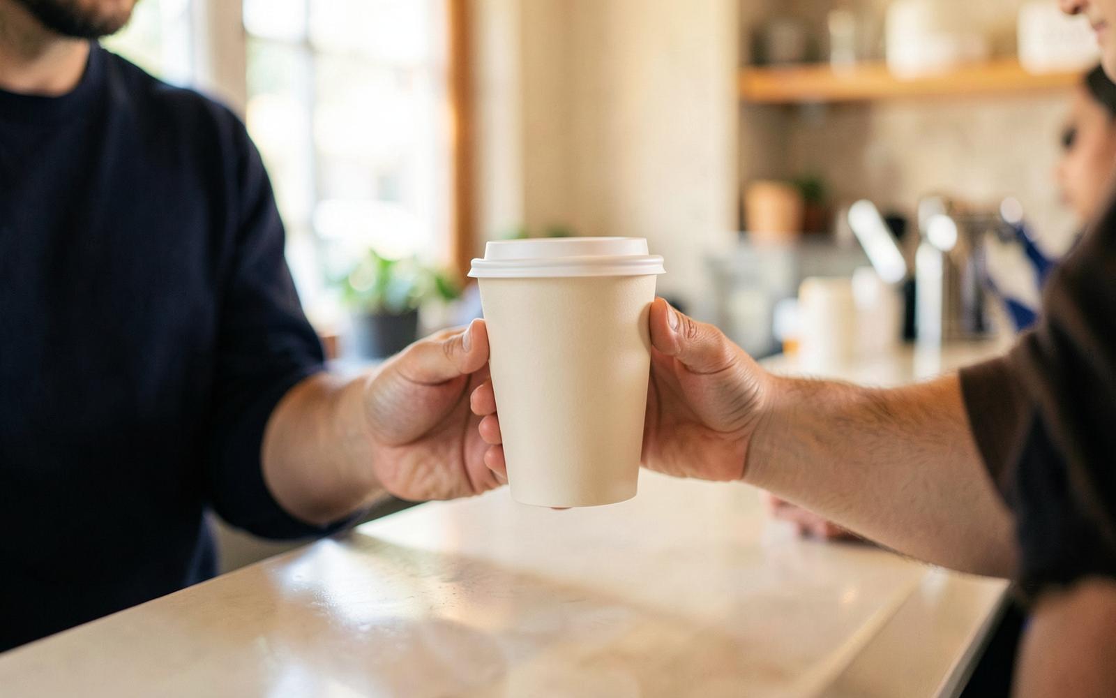 A reusable cup handed across a café counter