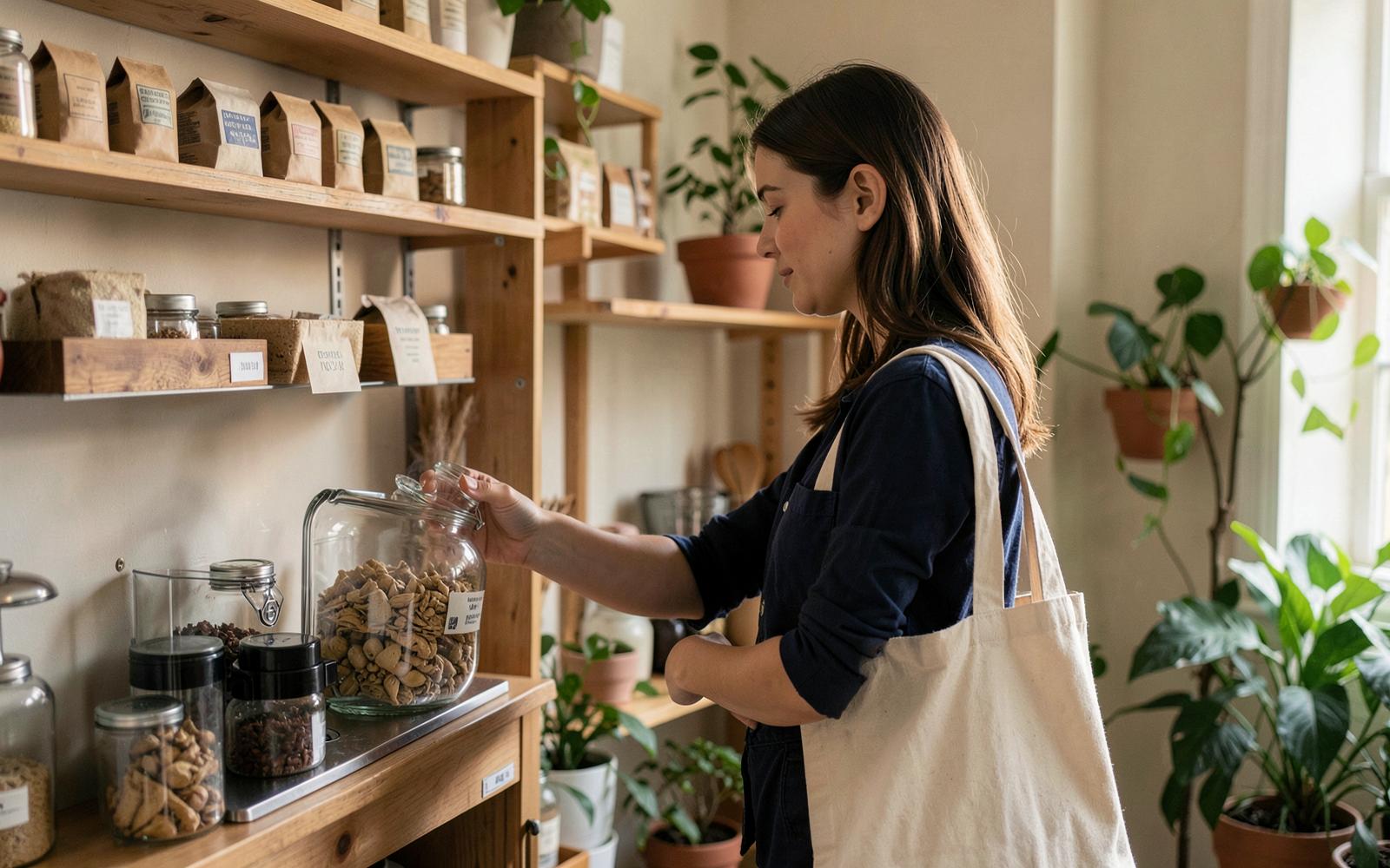 A woman refilling a glass jar with dry goods at a bulk refill shelf in a neighbourhood grocery