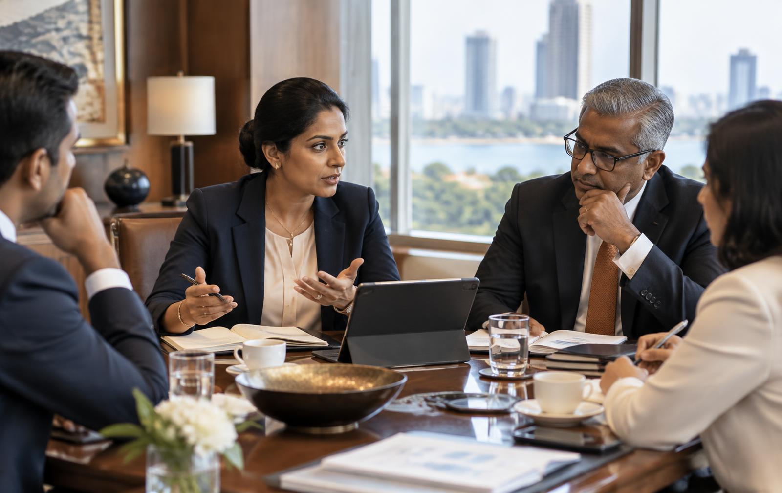 A female executive assistant guiding a strategic discussion with senior colleagues