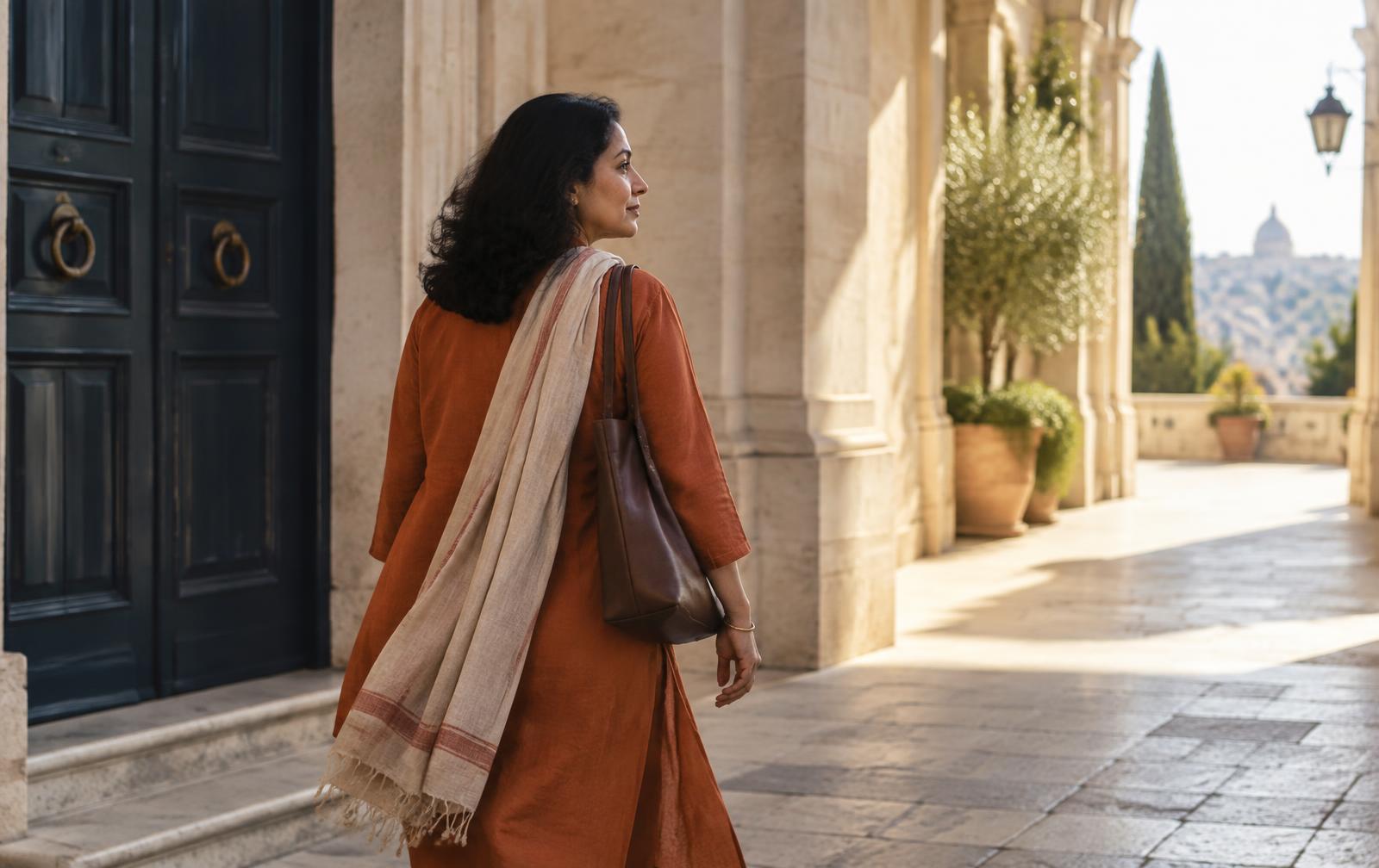 A woman moving from a closed doorway towards a sunlit open path